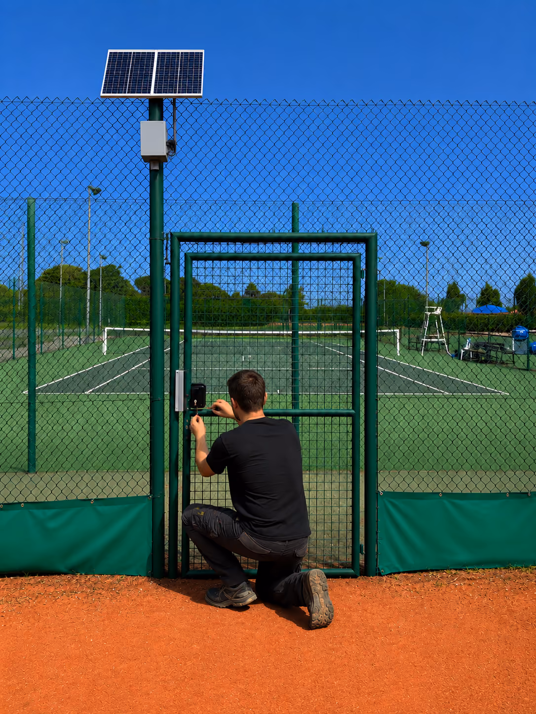 Installateur Neop posant un contrôle d’accès sur le portail d’un court de tennis