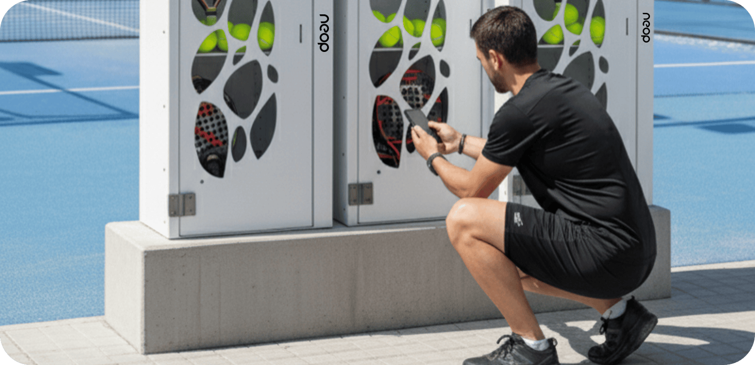 Lot de 3 casiers connectés Neop ouverts par un joueur depuis son smartphone