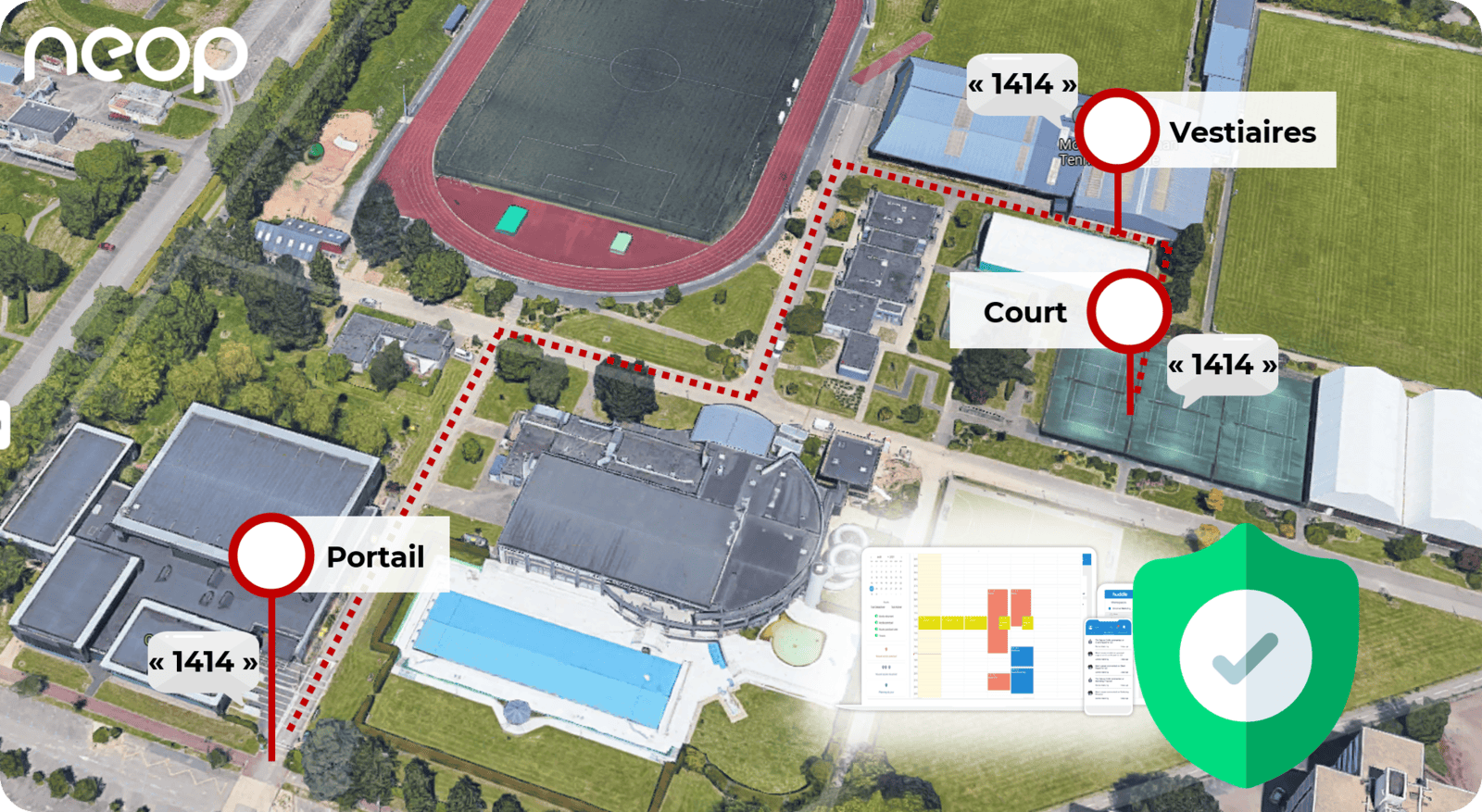Vue aérienne d’un complexe sportif : le même code éphémère ouvre le portail, le court et les vestiaires