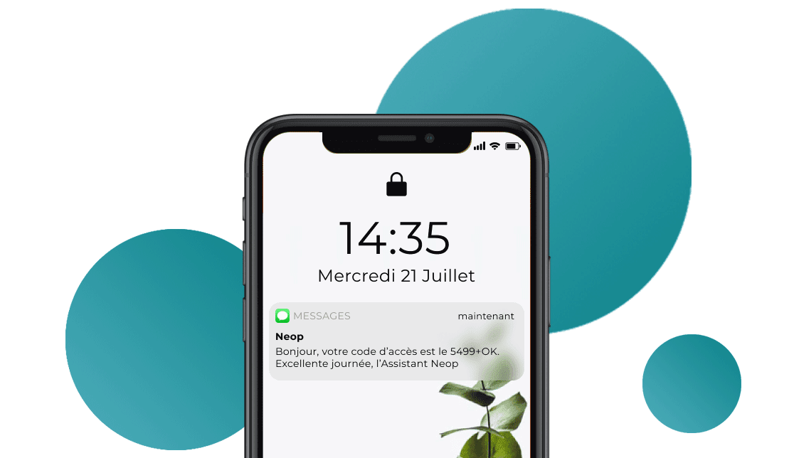 SMS de l’Assistant Neop contenant un code d’accès, sur l’écran verrouillé d’un smartphone