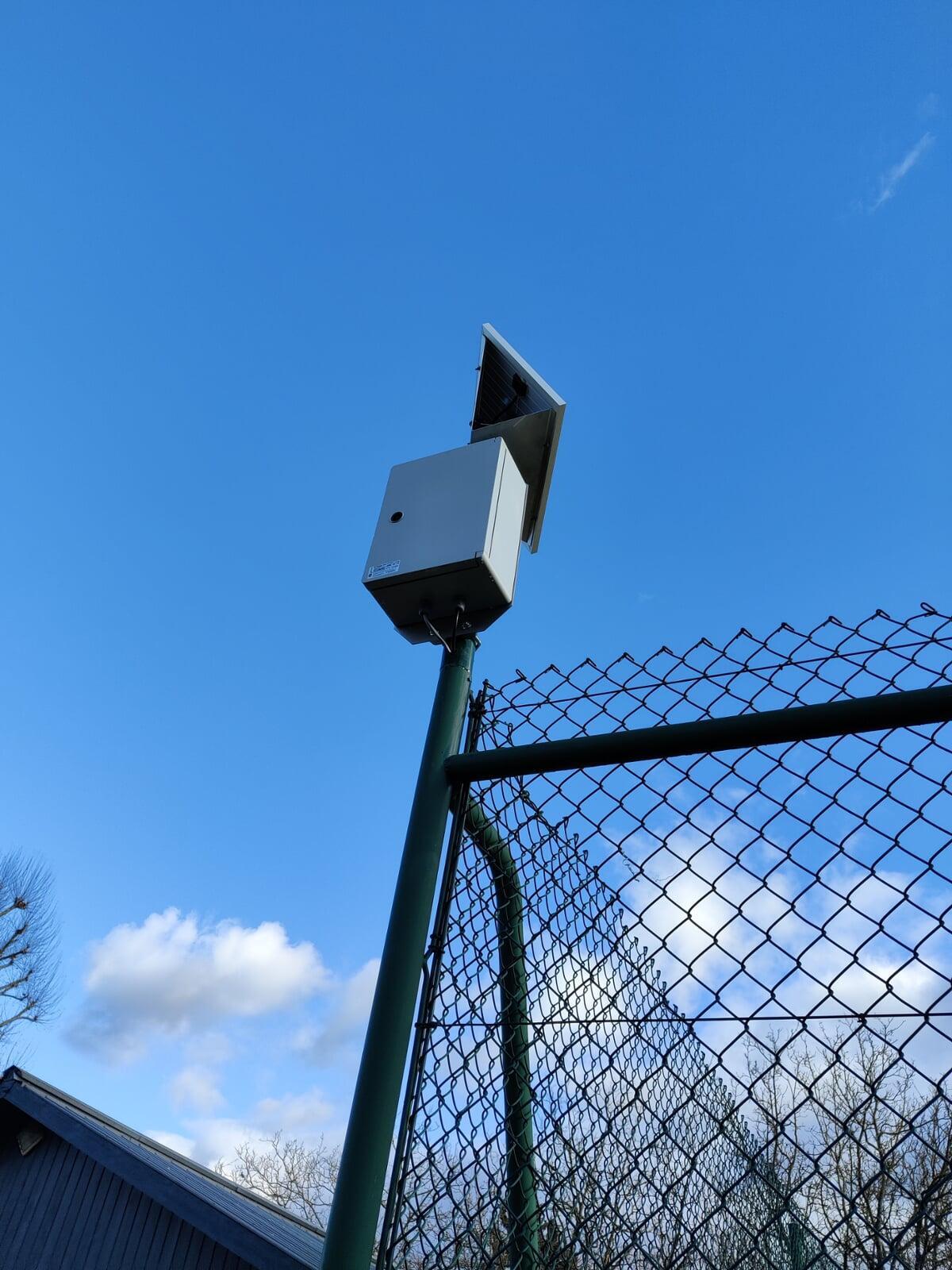 Solar-powered Neop installation with an electric strike