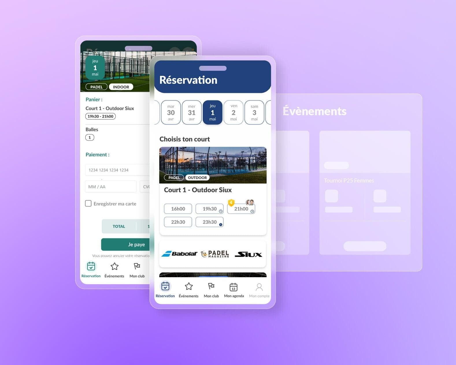Application joueur Gestion Sports : choix du court, créneaux et paiement