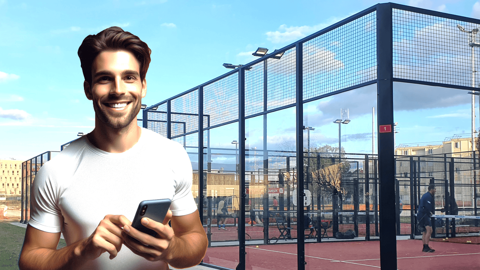 Joueur, smartphone en main, devant des pistes de padel en accès autonome Neop