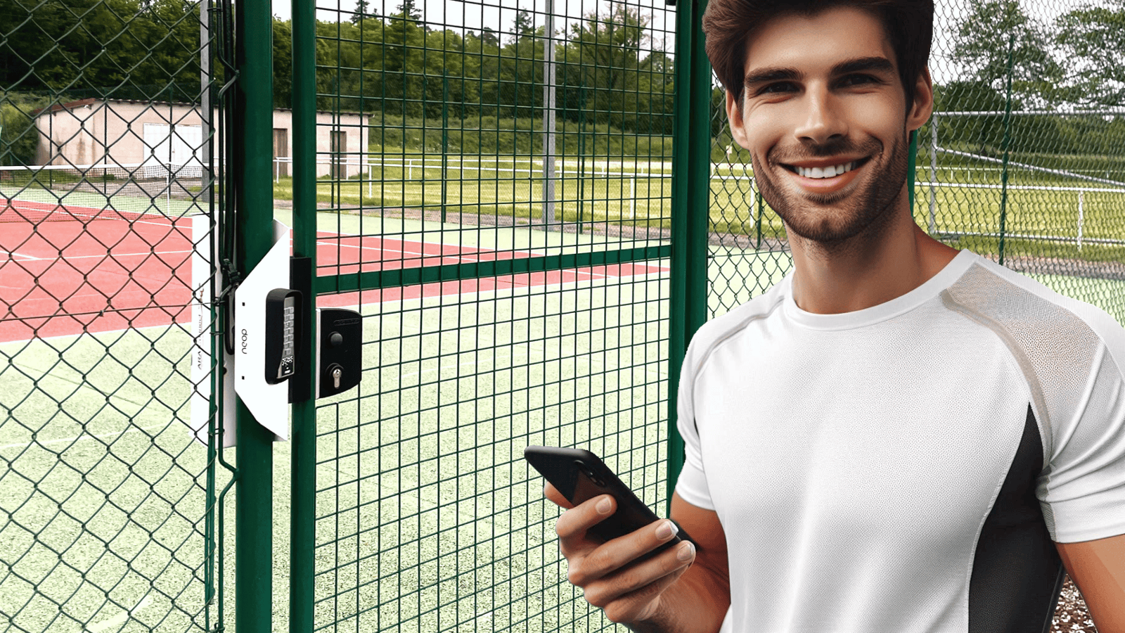 Joueur, smartphone en main, devant un portillon de tennis équipé de la serrure connectée Neop