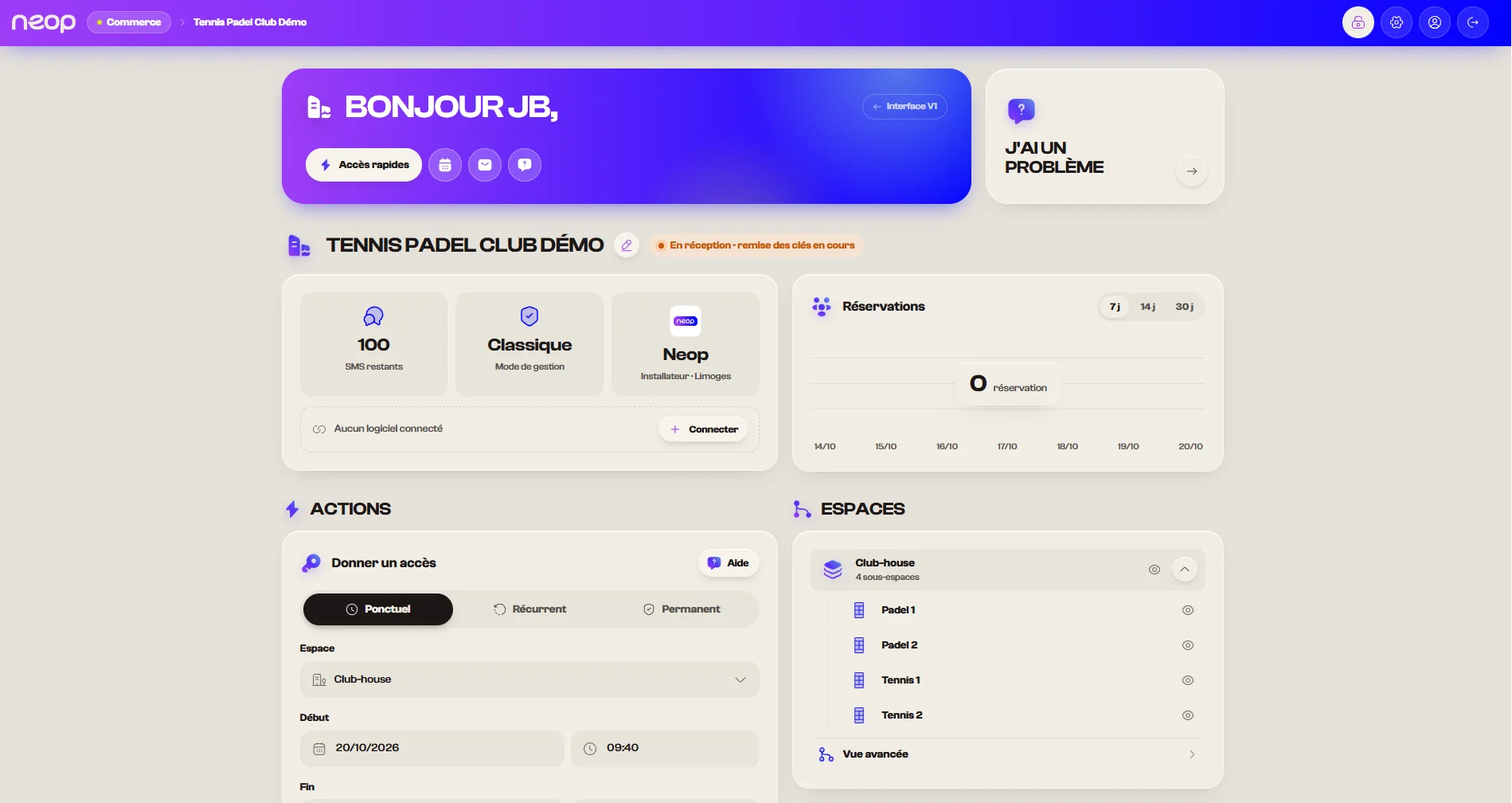 Tableau de bord de la plateforme Neop : réservations, espaces du club et création d’un accès ponctuel
