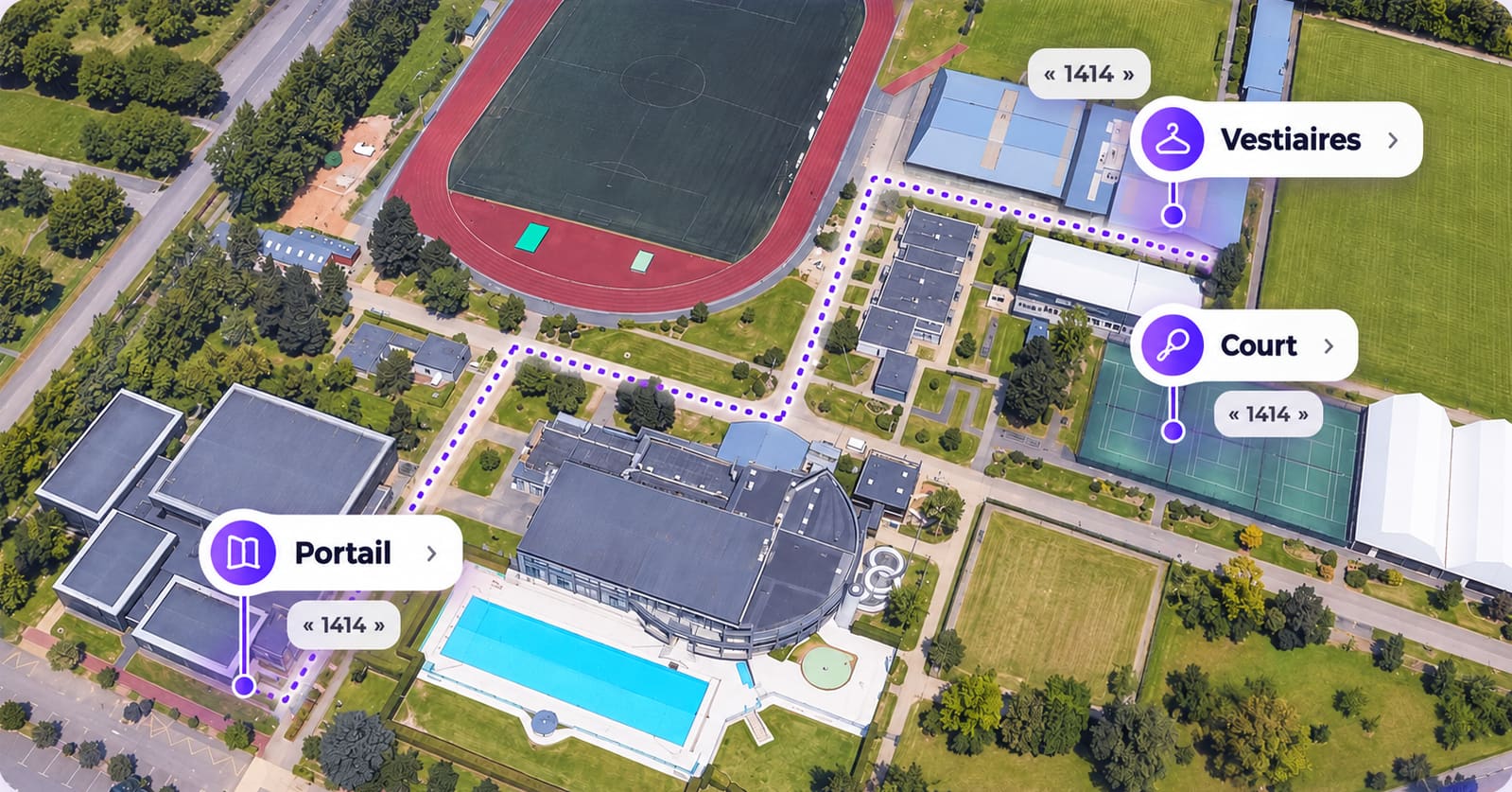 Vue aérienne d’un complexe sportif : le même code d’accès ouvre le portail, le court de tennis et les vestiaires